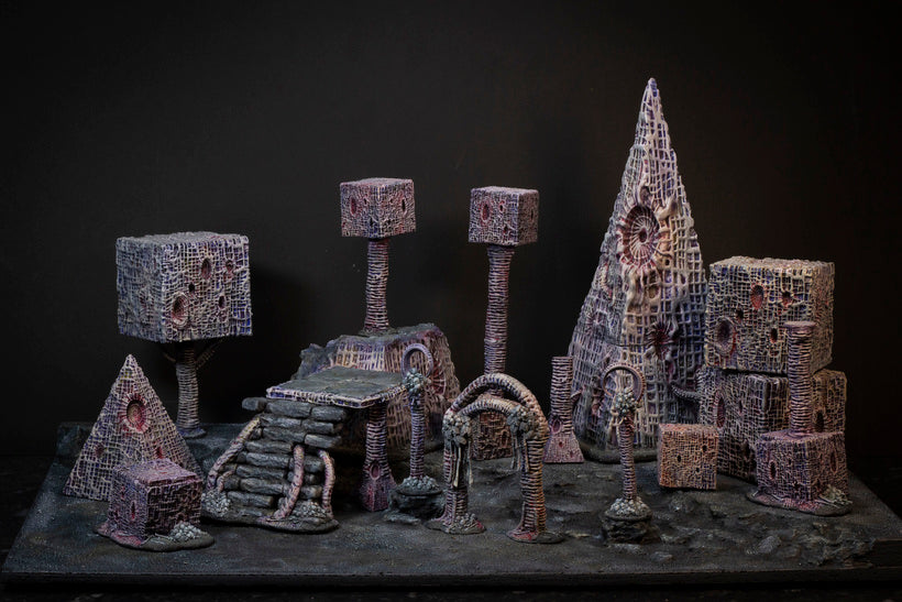 Otherworldly painted miniature terrain of the Ashen Wastes