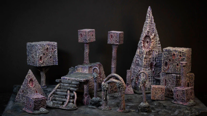 Otherworldly painted miniature terrain of the Ashen Wastes