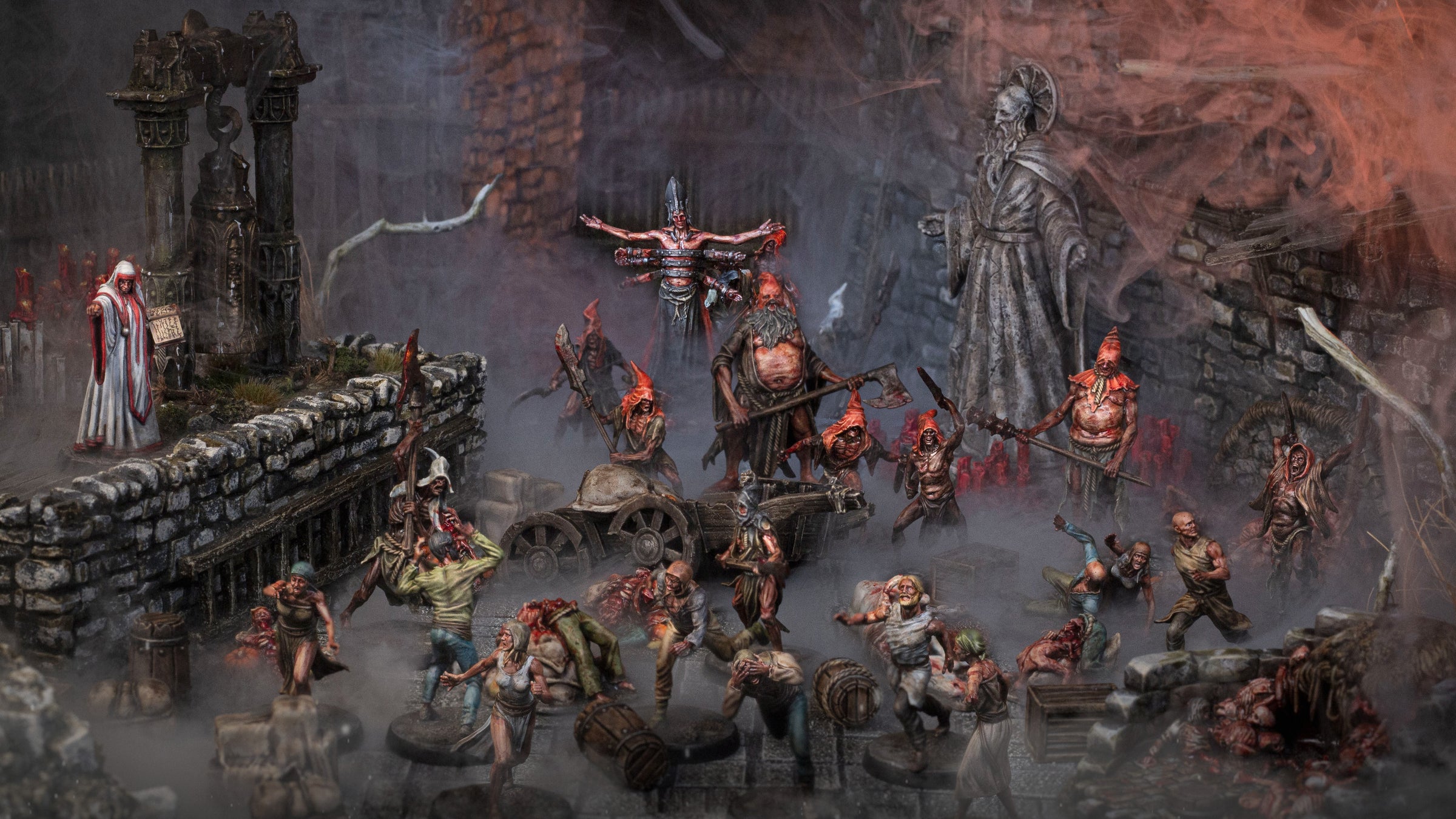 Dark fantasy miniature photograph featuring bloodthirsty cultists raiding a town as terrified villagers flee the destruction.