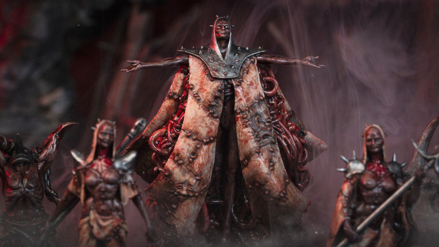 Dark fantasy miniature photography featuring a 3D printable female necromancer wearing a cloak of flayed skin, standing among piles of corpses.