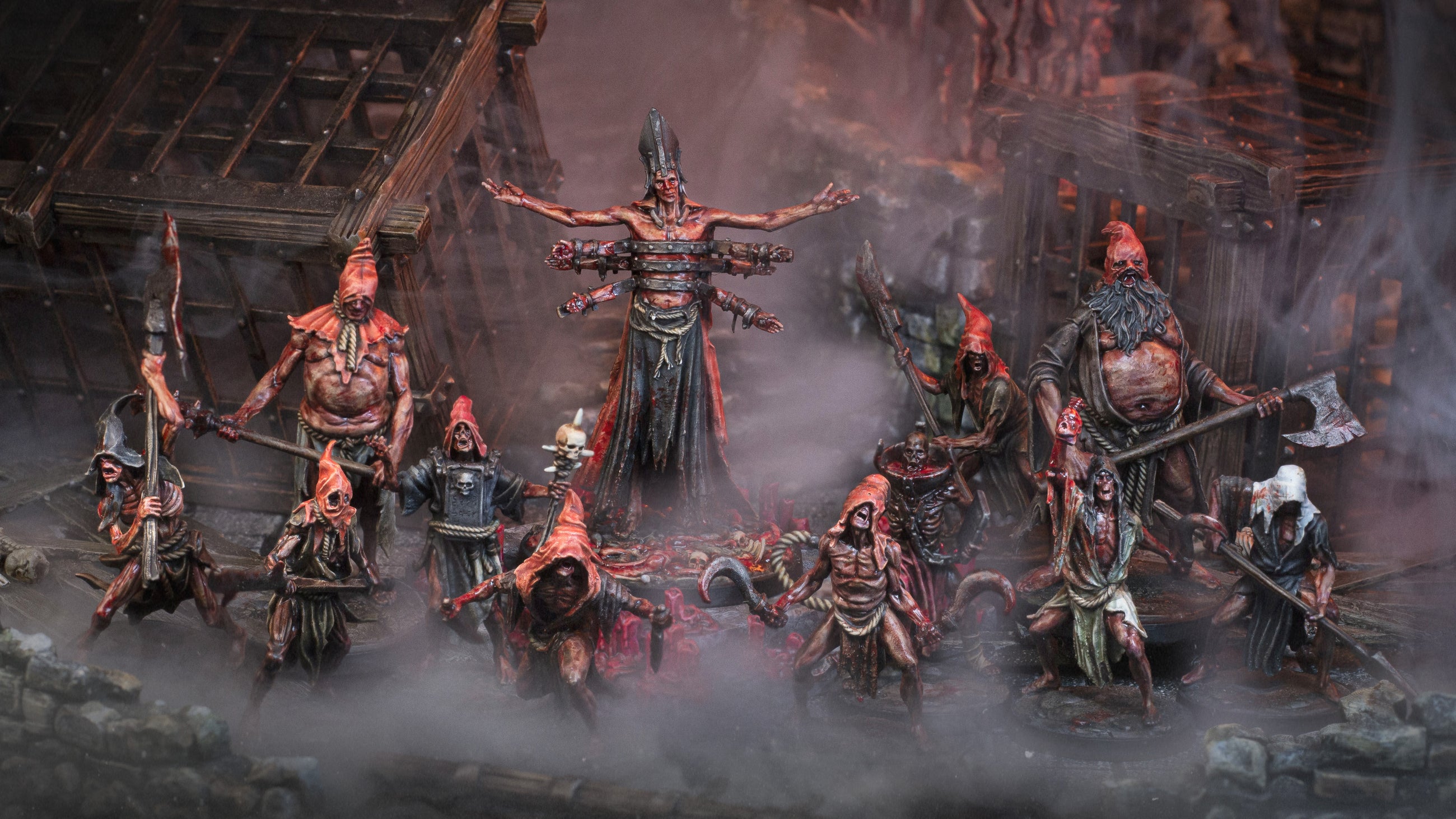 Tormentor Cults skirmish warband featuring 3D printable cultist miniatures gathered in dark worship.